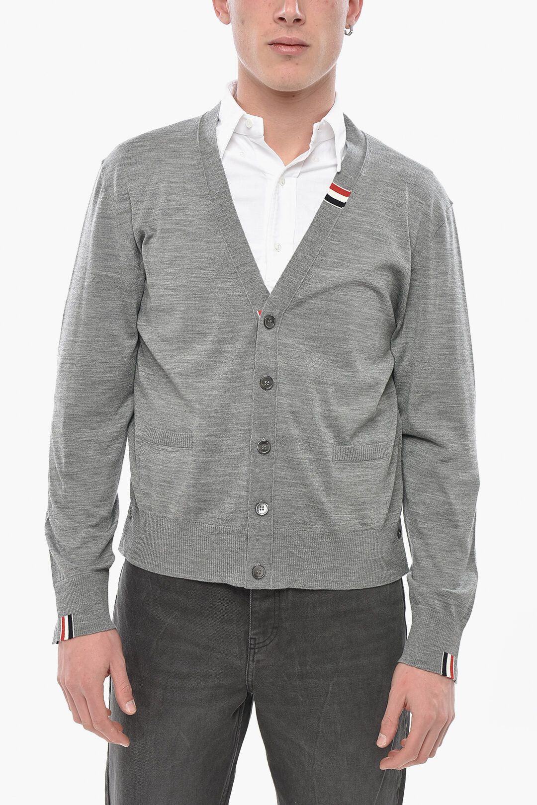 Thom Browne og1mm0426 Virgin Wool V-Neck Cardigan in Grey Size US XXL / EU 58 / 5 - 1 Thumbnail