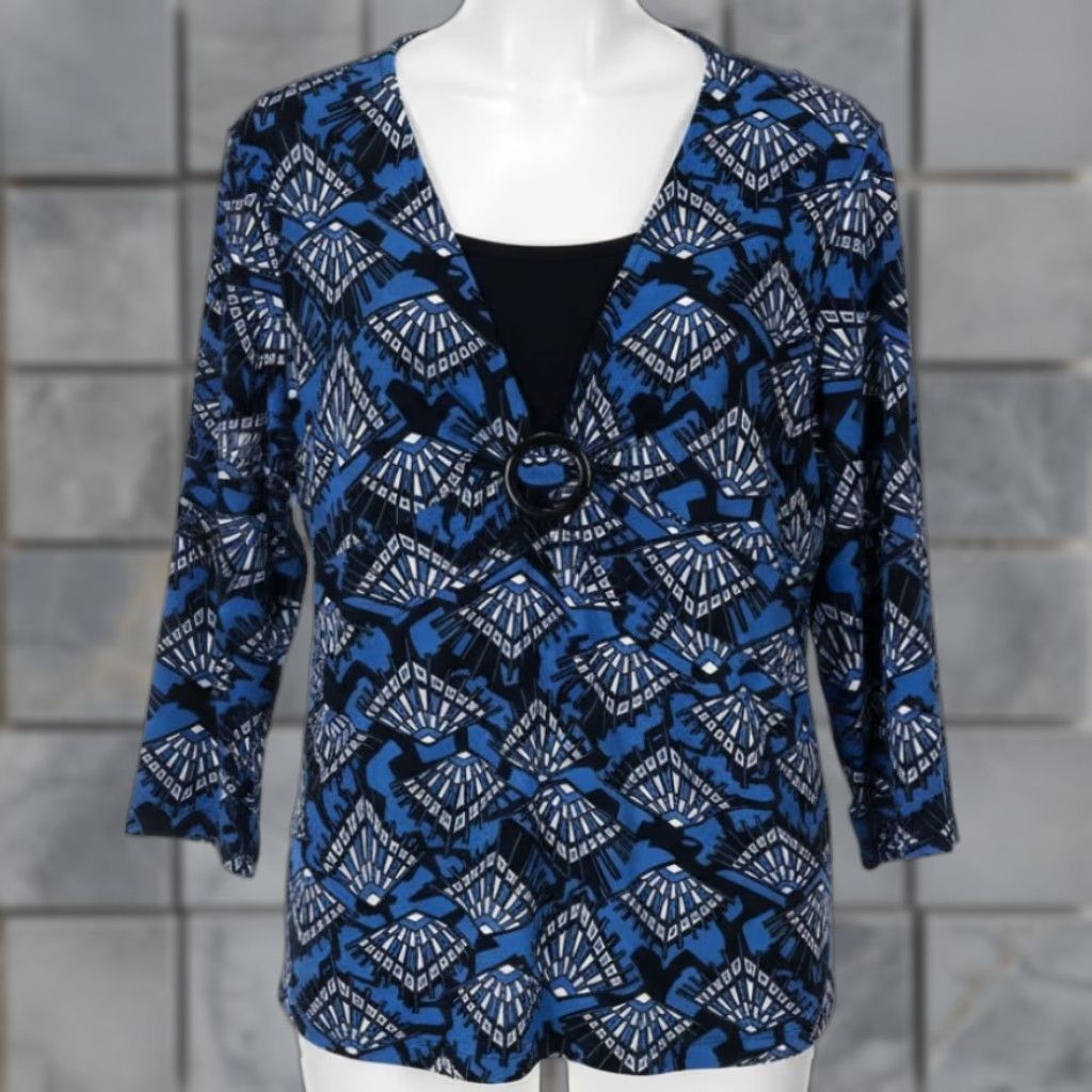 JM Collection JM Collection Women Blouse XL Blue Boho Geometric 3/4 Sleeve Casual Office Tunic Top Blouse Size XL / US 12-14 / IT 48-50 - 1 Thumbnail