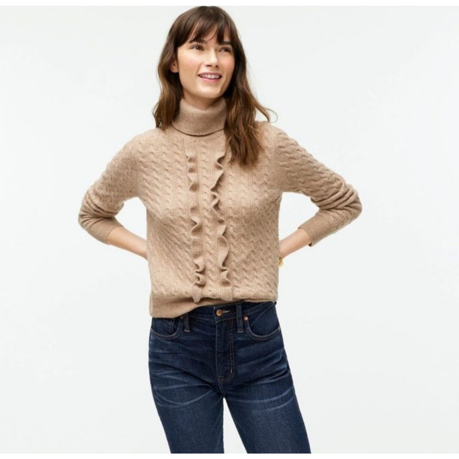 J.Crew J CREW0 Ruffle Front Cable Knit Alpaca Wool Turtleneck Size XS / US 0-2 / IT 36-38 - 1 Thumbnail