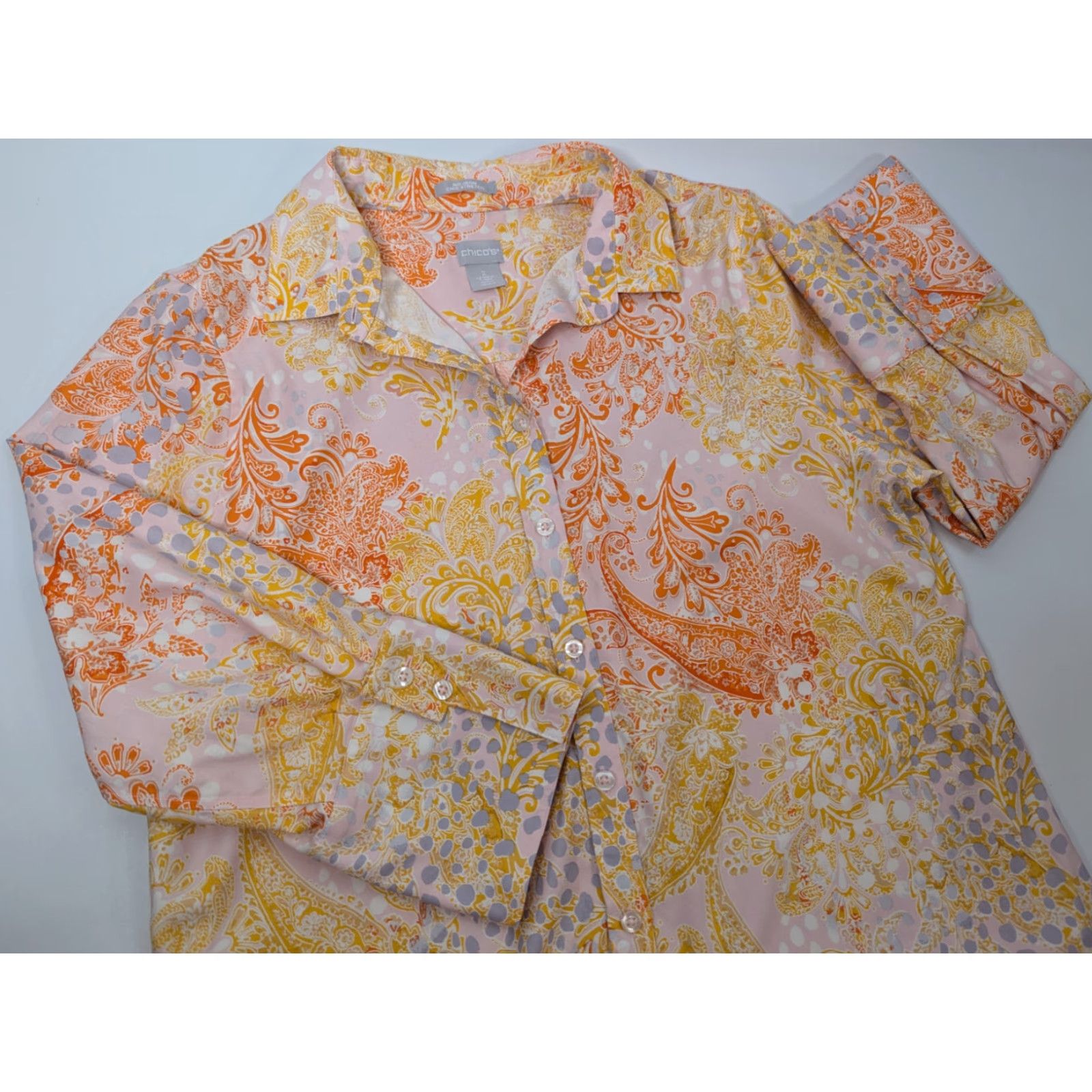 Vintage Chico’s Blouse Shirt Womens 2 Paisley No Iron Chic Stretch Button 3/4 Sleeve Collared Orange Cotton Spandex Size XS / US 0-2 / IT 36-38 - 2 Thumbnail