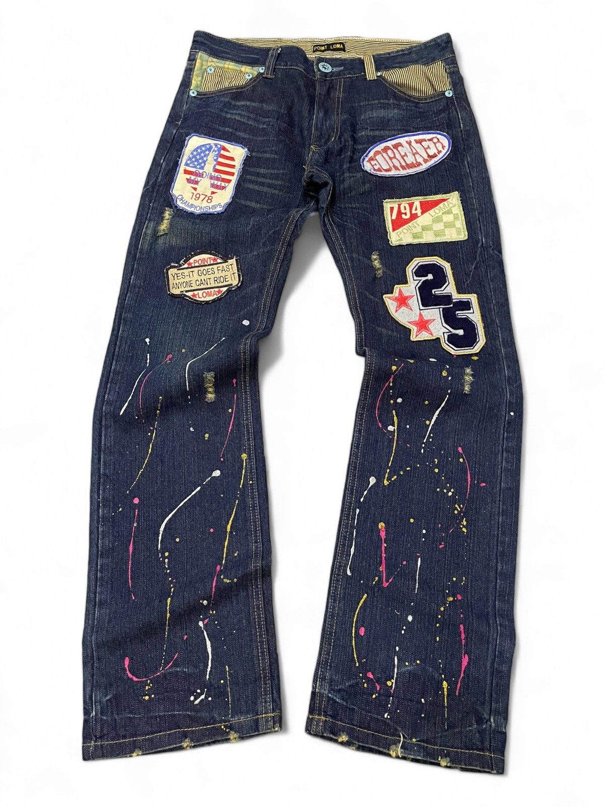 Point Loma Japan Patched Distressed Paint Splatter Jeans