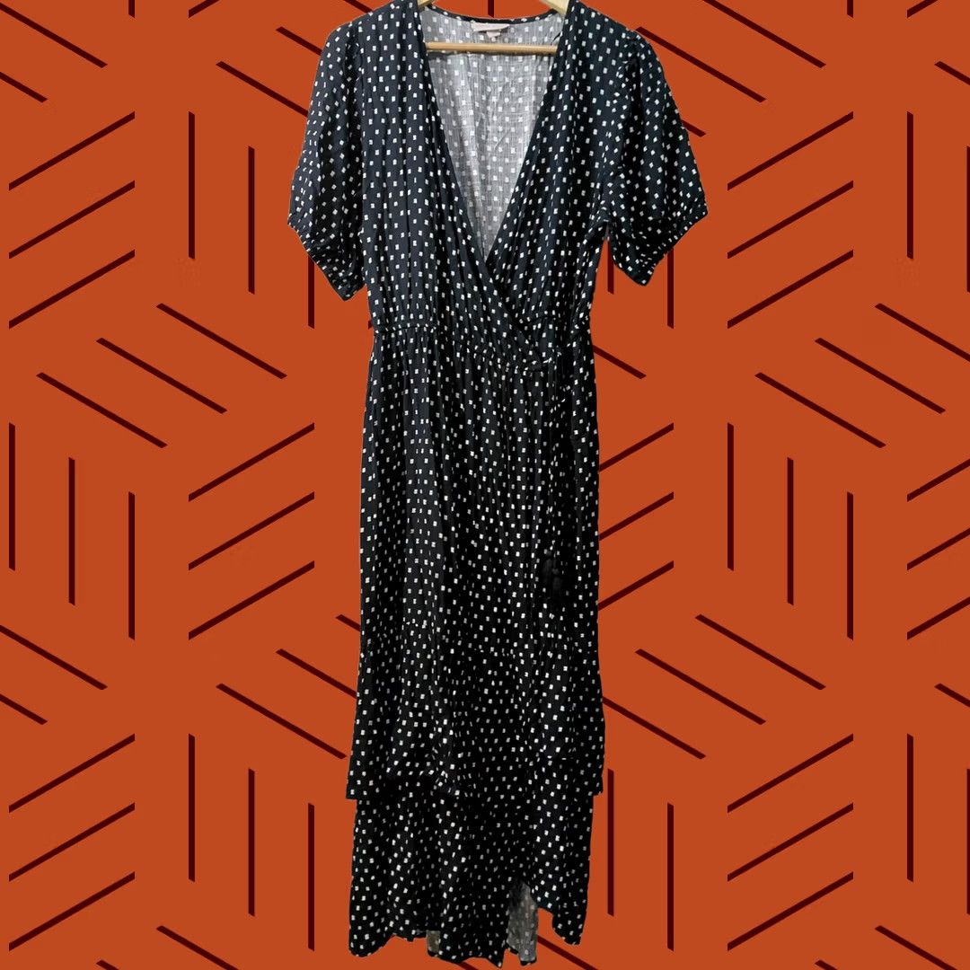 Vintage Knox Rose Black Polka Dot Maxi Dress V-Neck Sleeve Women IP9 Size L / US 10 / IT 46 - 1 Thumbnail