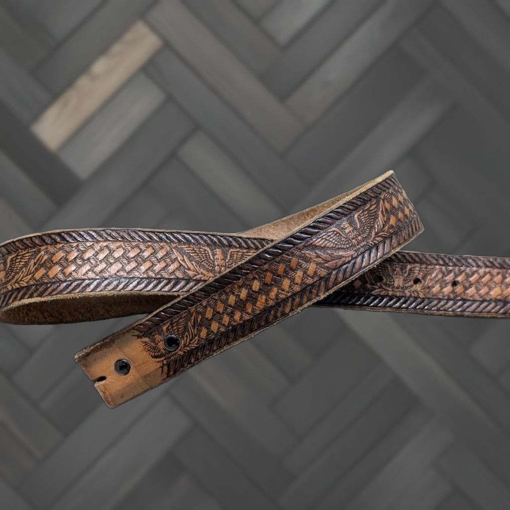 Vintage VINTAGE Brushy Creek belt EAGLE tooled cowhide leather western belt 30 brown USA men belt buckle snaps 1-3/8" western style Size 30 - 1 Thumbnail