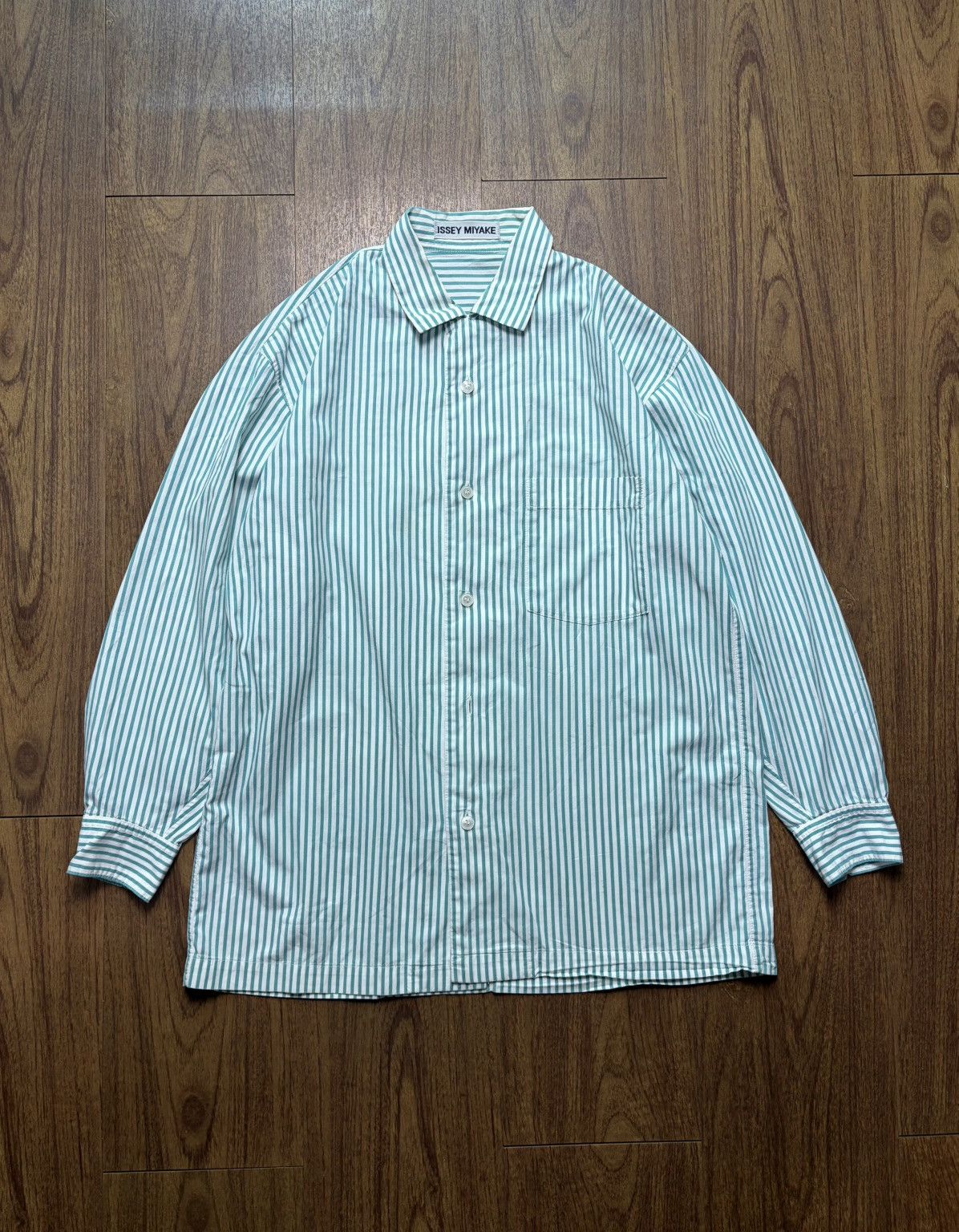 Issey Miyake 1990s Issey Miyake Green Striped Shirt Size US M / EU 48-50 / 2 - 1 Thumbnail