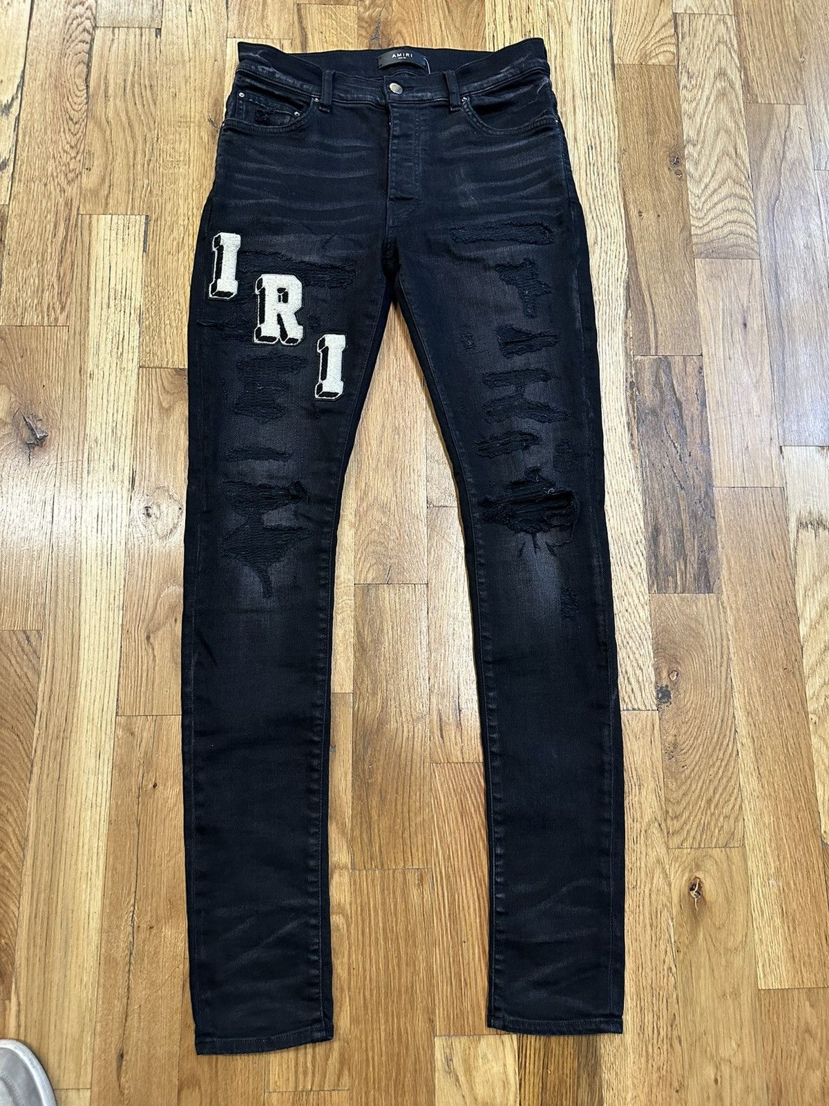 Amiri Amiri Felt Spell Distressed Black Denim Jeans Size 30 | Grailed