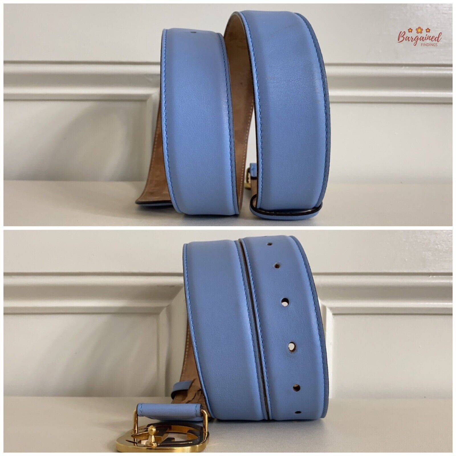 Gucci Gucci Blue Calfskin Leather Gold Interlocking G Buckle Belt Size 30 - 2 Thumbnail
