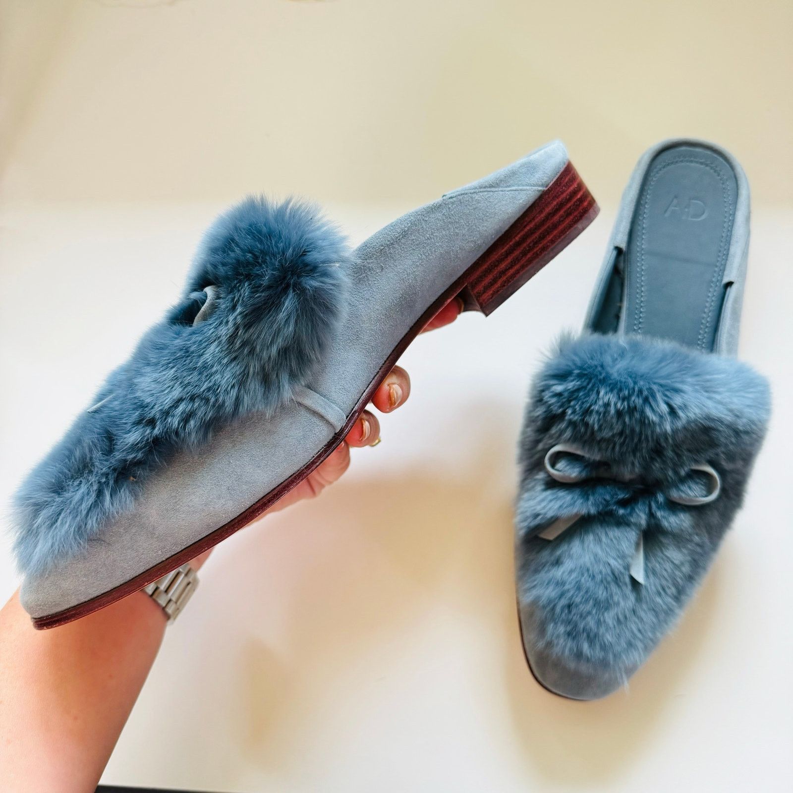 AD Blue Grey Rabbit Fur Flats Toe Bow Slides Mules Shoes 7.5