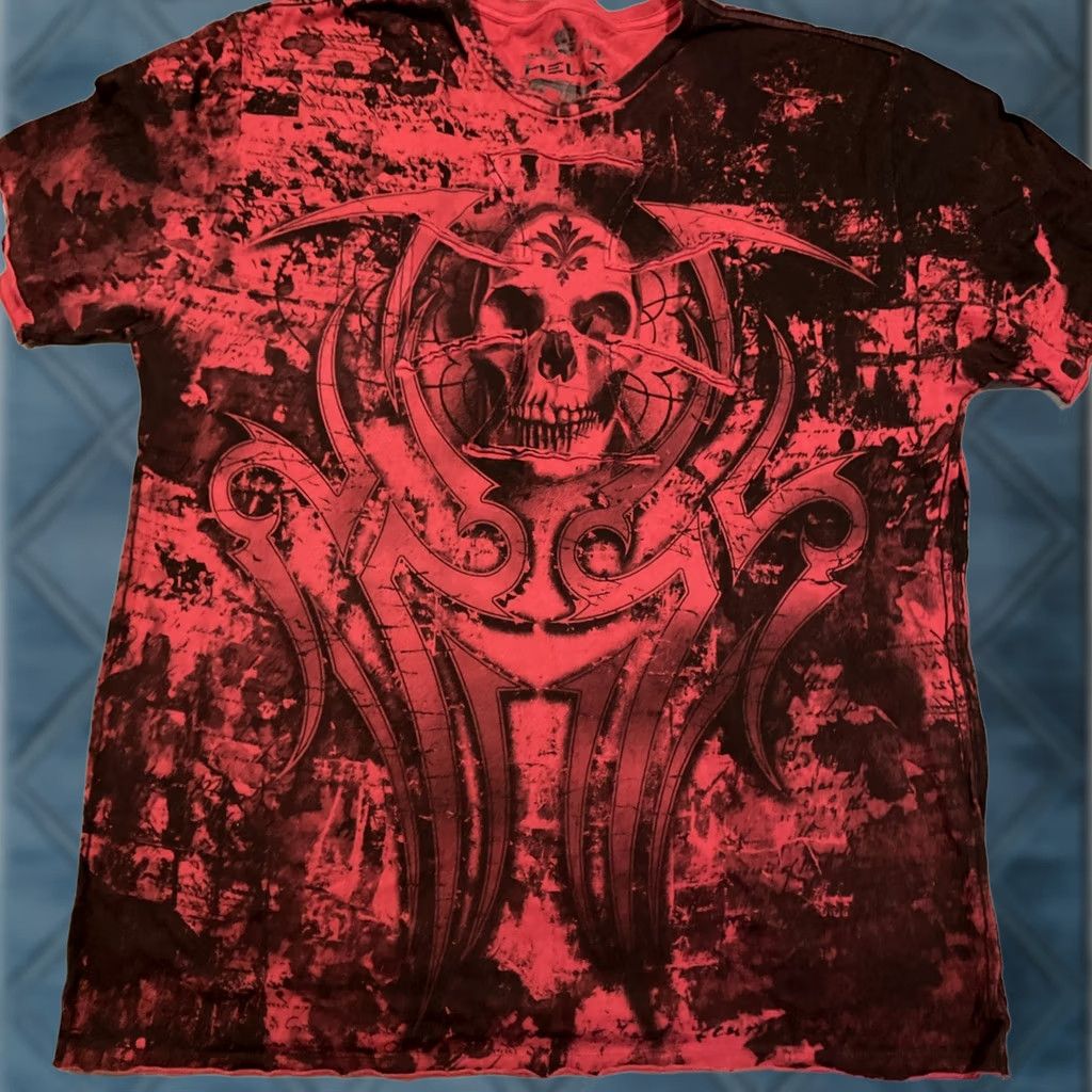Vintage VINTAGE Helix T-Shirt AOP All Over Print Red & Black Skull Goth Men's XXL Short Sleeve Shirts Mens 2XL Skull T Shirt Size US XXL / EU 58 / 5 - 1 Thumbnail