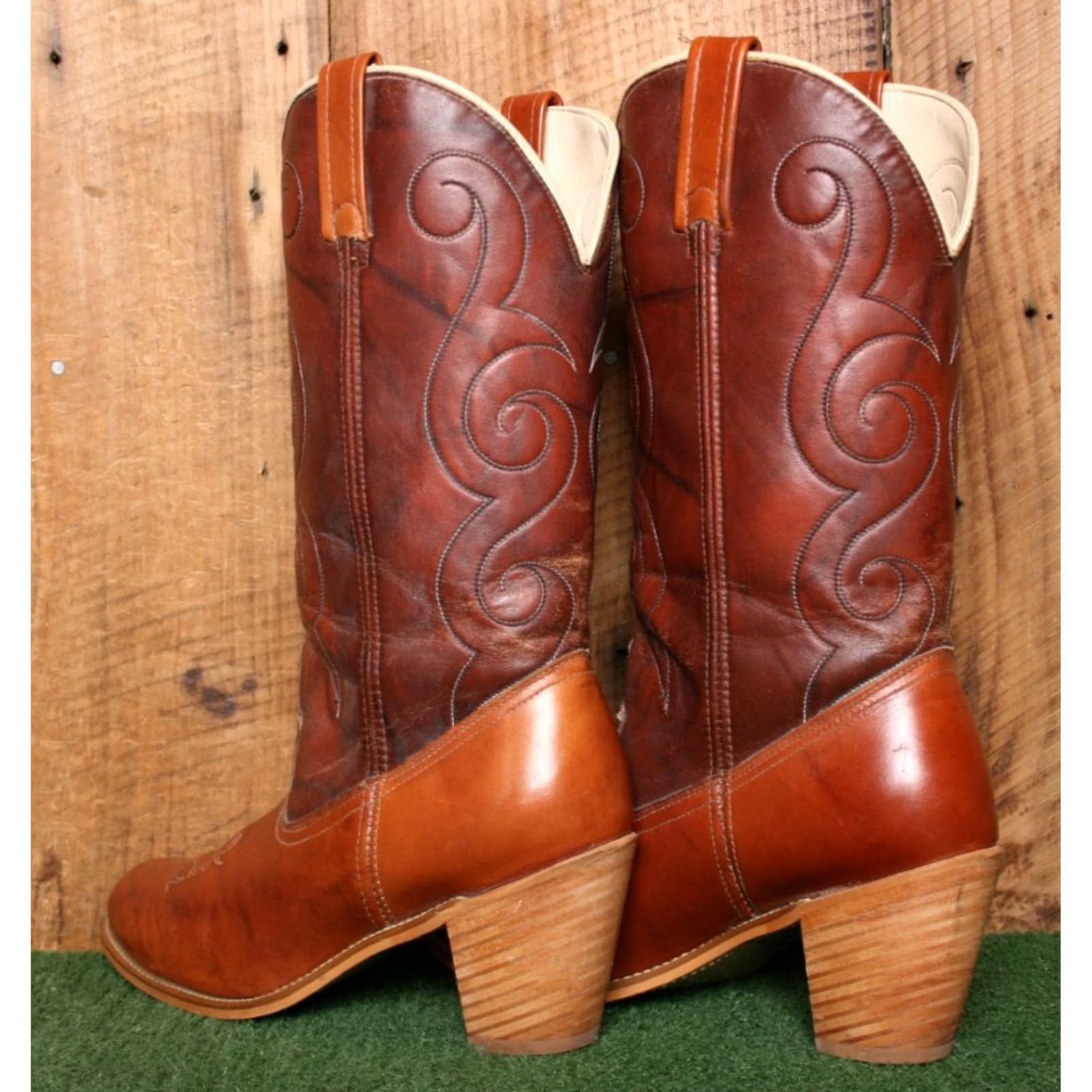 Vintage VINTAGE Acme Cognac Leather Synthetic Shaft Cowgirl Boots 3.25" Wood Heels 10M Brown Western Women Shoe/Boots Mens Size US 10 / IT 40 - 3 Thumbnail