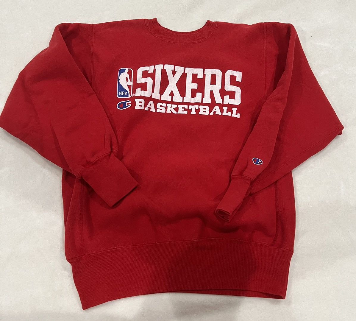 image of Vintage Reverse Weave Champion 76Ers Philadelphia Sixers in Red, Men's (Size Large)