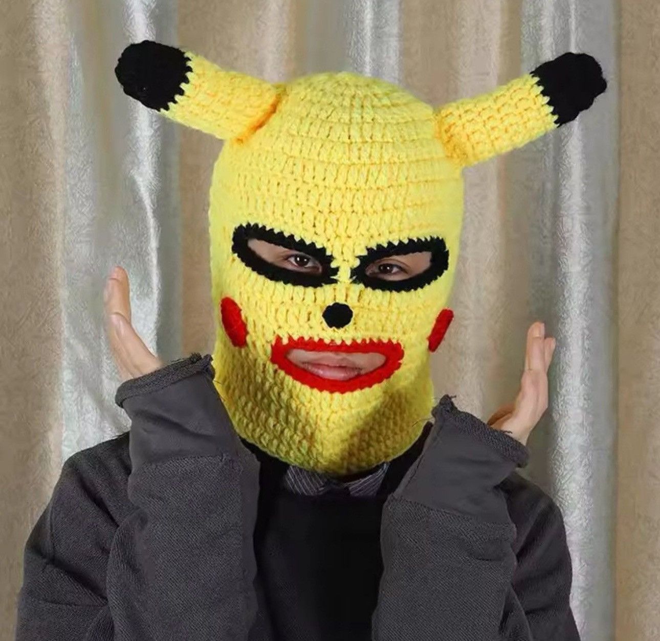 Handmade × Japanese Brand Knitted Balaclava Hat Pikachu Pokemon Devil Style Size ONE SIZE - 1 Thumbnail