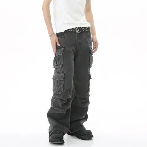 Jean distressed fade pleated flared cargo jeans Size US 32 / EU 48 - 4 Thumbnail