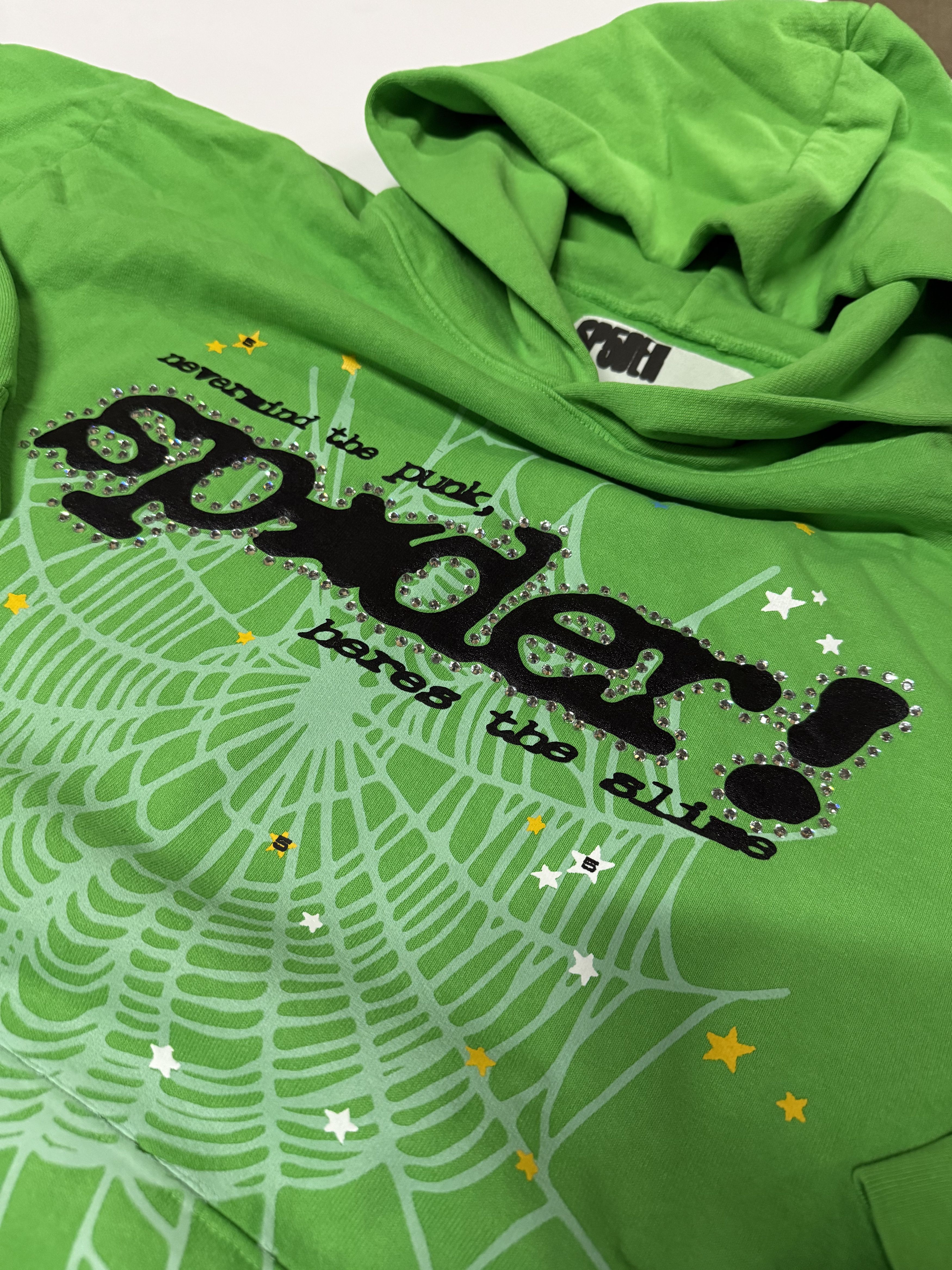 Sp5der Punk V2 Rhinestone Hoodie 'Bright Green