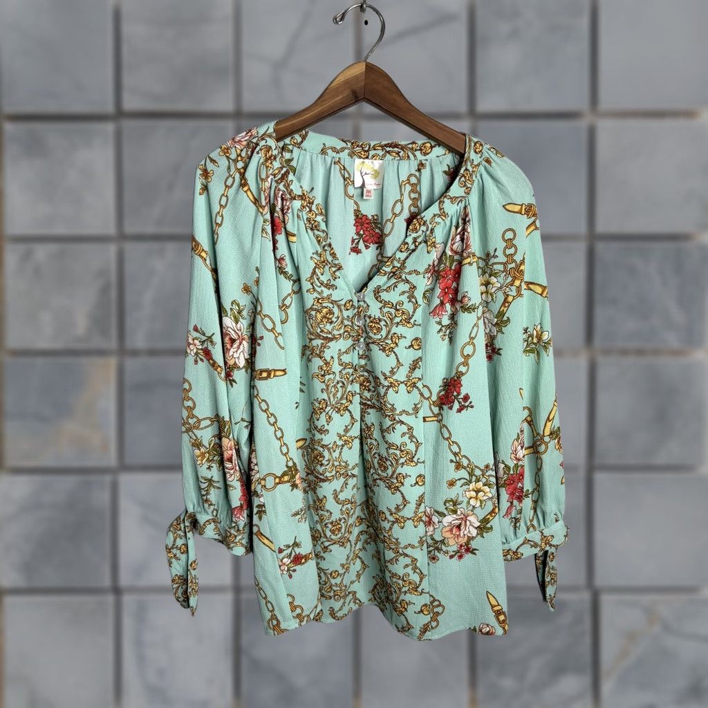 Vintage Fig and Flower Blouse Womens Medium Blue Floral Chain Print Button Up Boho Top Size M / US 6-8 / IT 42-44 - 1 Thumbnail
