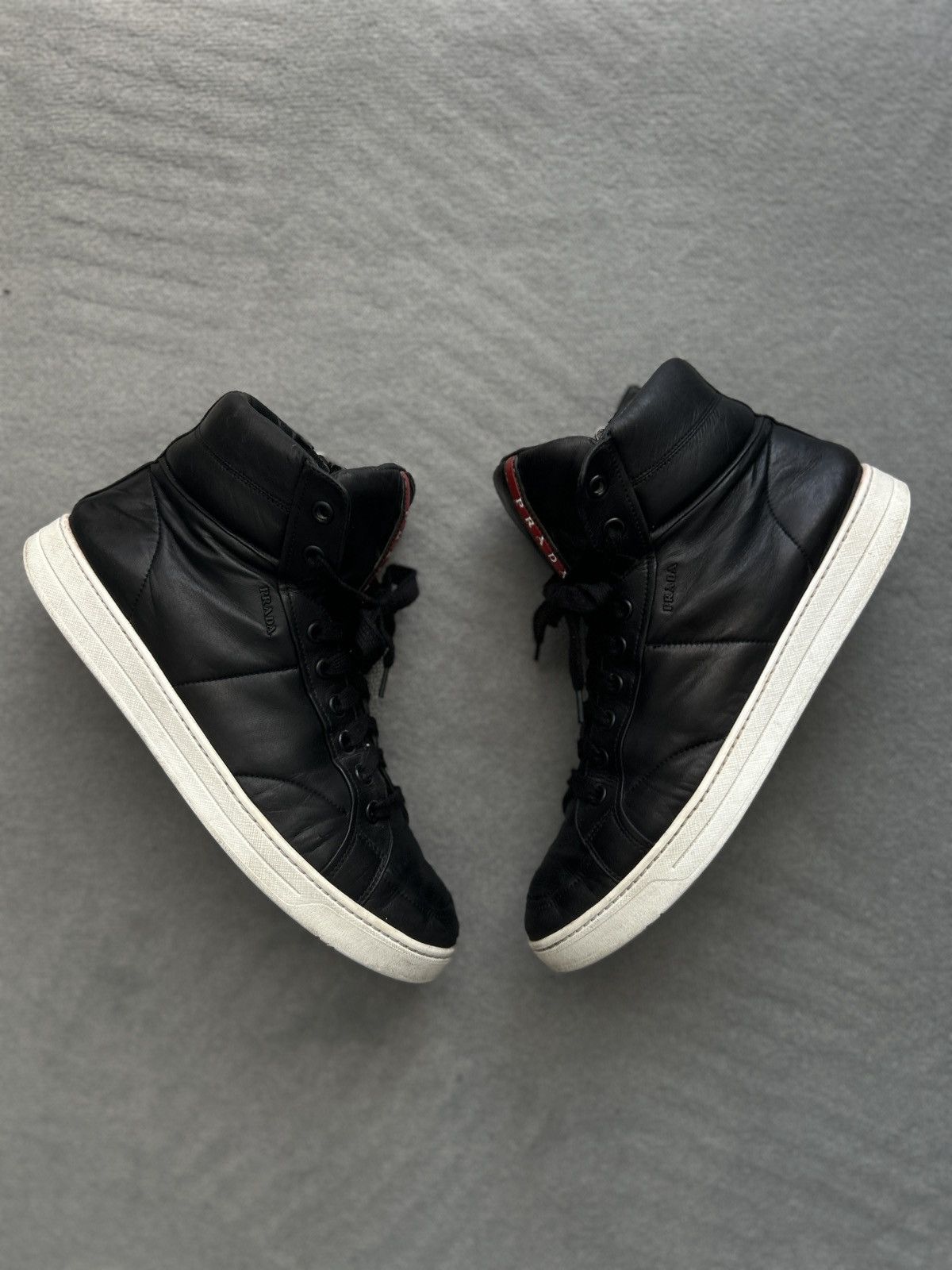 Prada 4T2596 dark blue high top leather sneakers Linea Rossa