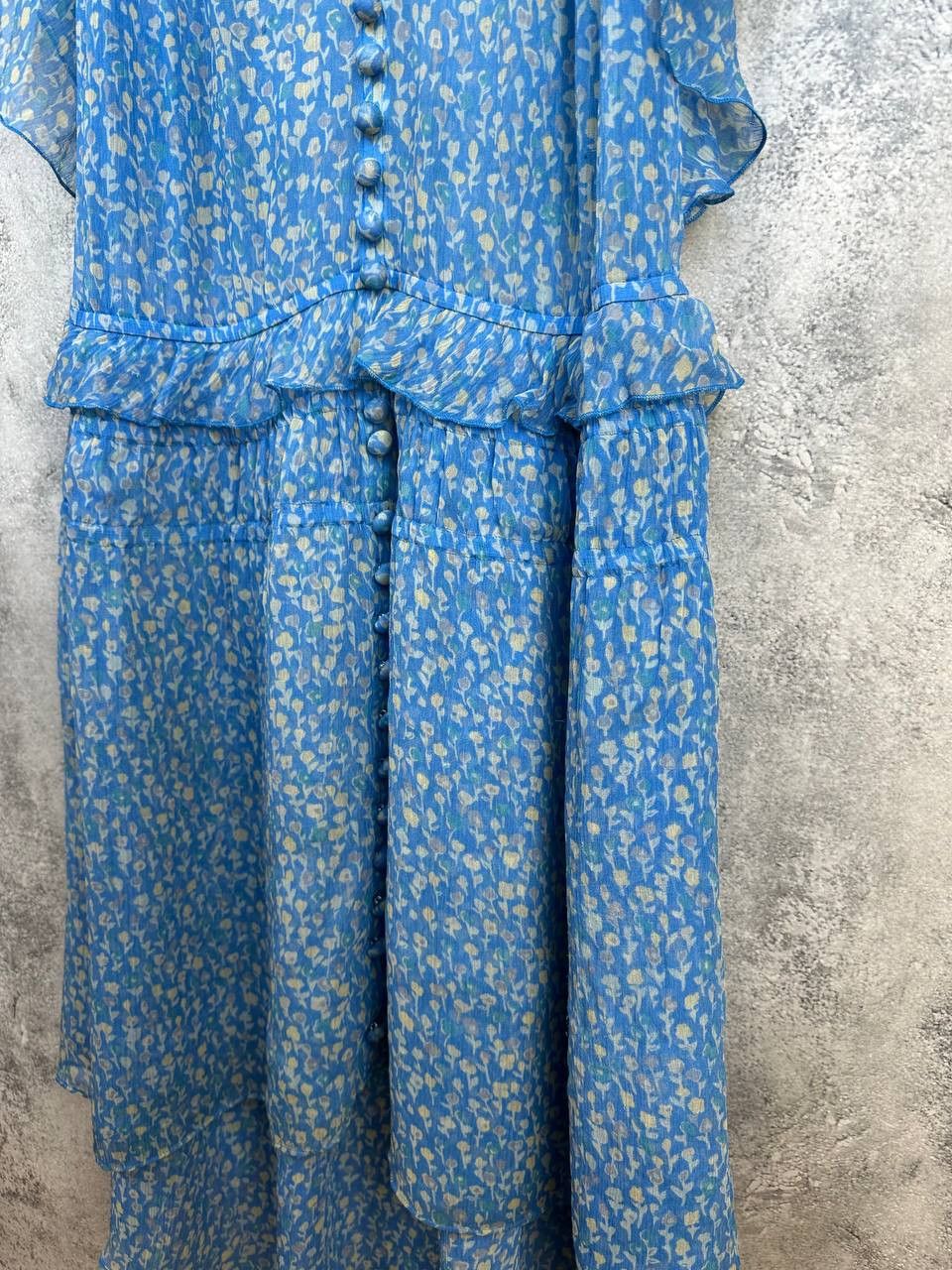 The Kooples THE KOOPLES Blue Lagoon Print Silk Ruffle Muslin Midi Dress Size XS / US 0-2 / IT 36-38 - 8 Thumbnail