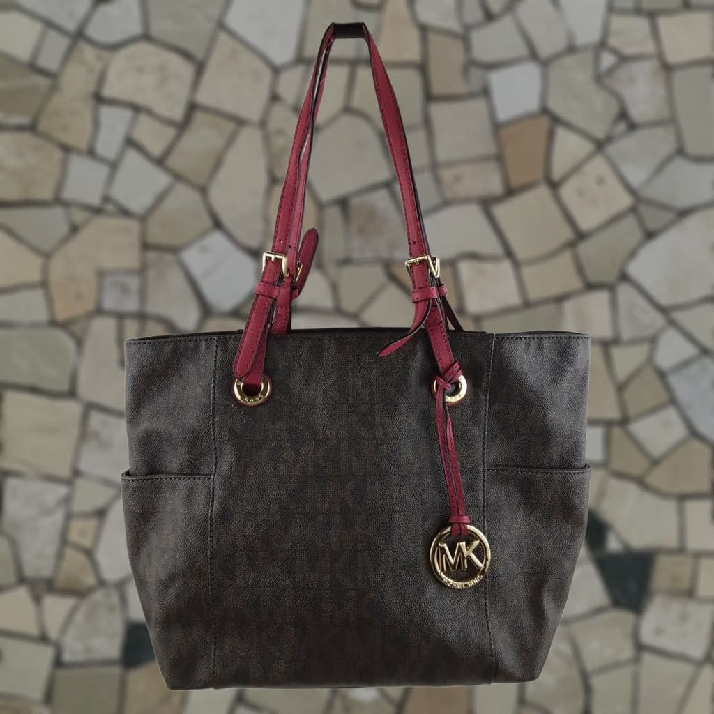 Michael Kors Michael Kors Jet Set Signature Brown Magenta Straps Purses Handbag Tote Bag Women's Medium Bag Size ONE SIZE - 1 Thumbnail