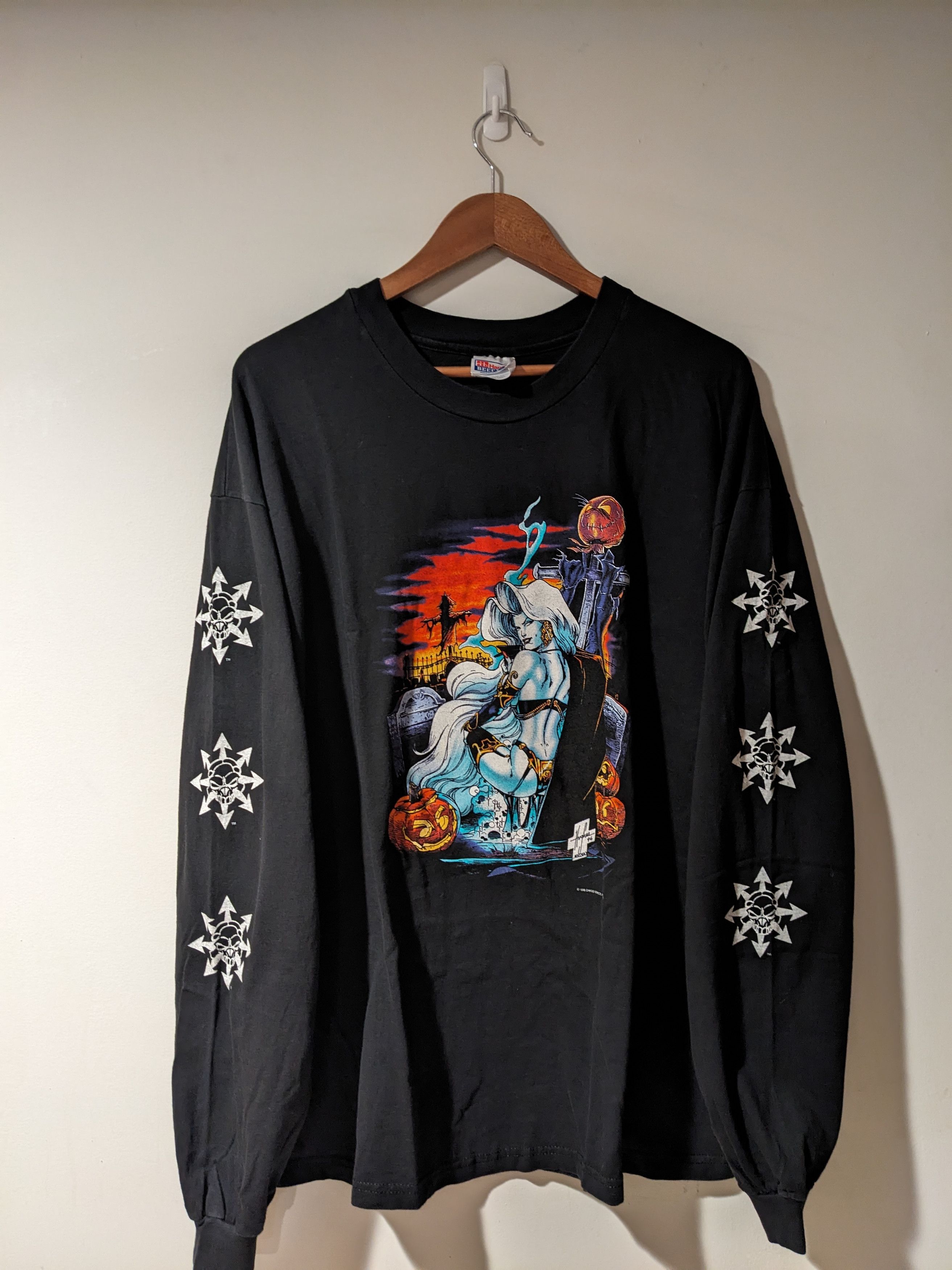 image of Dc Comics x Marvel Comics Vintage 1996 Lady Death Grave Chaos Long-Sleeve T-Shirt in Black (Size 2X