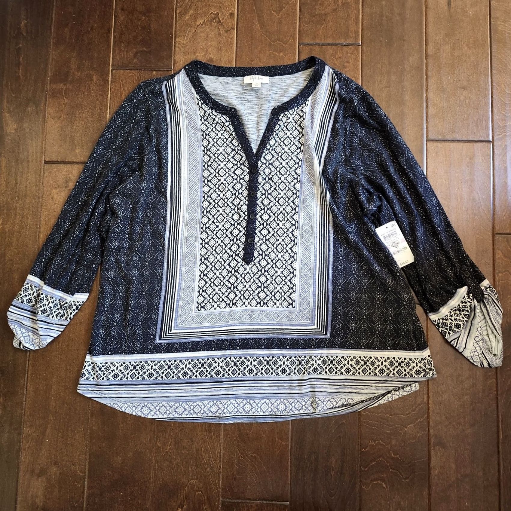 Style & Co Style & Co Women's Mixed-Print Split-Neck Tab-Sleeve Top Black 1X NWT Regular Beaded Cotton & Modal Casual Shirt Women Size XL / US 12-14 / IT 48-50 - 2 Thumbnail