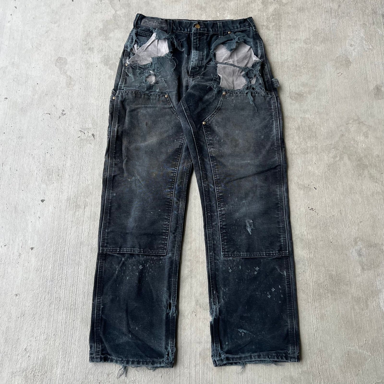 Carhartt × Vintage Carhartt faded black THRASHED double knee work wear pants Size US 28 / EU 44 - 1 Thumbnail