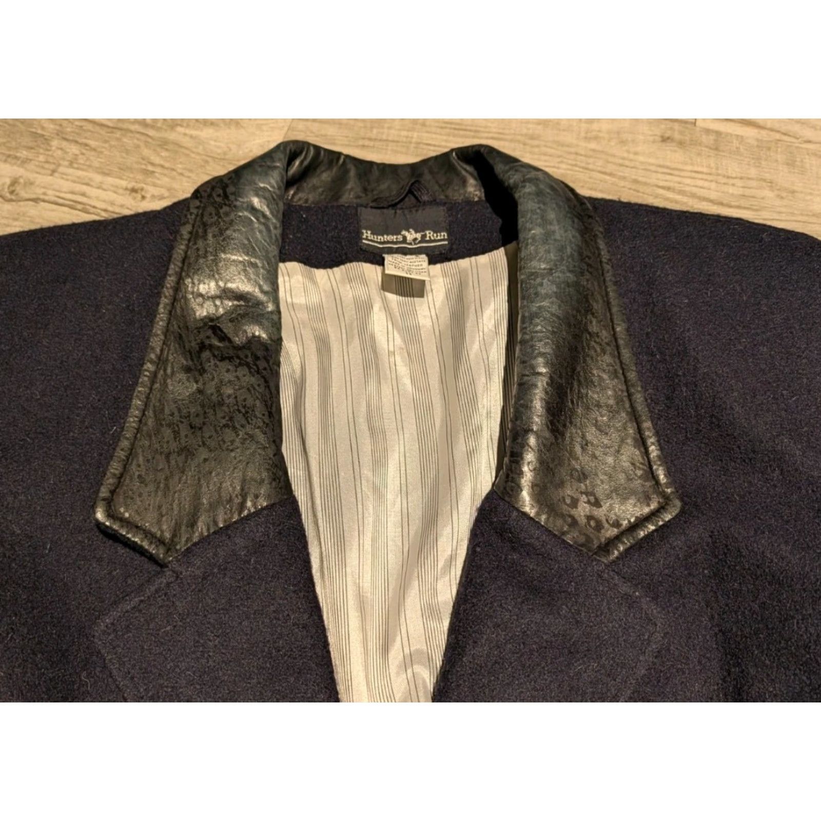 Hunter VINTAGE Hunters Run Wool Long Coat Jacket Size 11 Women's Gray Geometric Casual Winter with Leather Collar Size L / US 10 / IT 46 - 3 Thumbnail