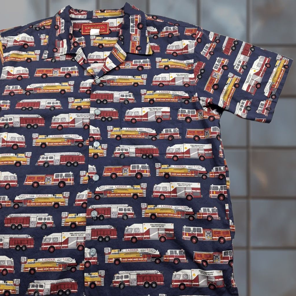 Vintage Kimoshan Button Up Shirt Mens Large Casual Fire Truck Print Short Sleeve Size US L / EU 52-54 / 3 - 1 Thumbnail