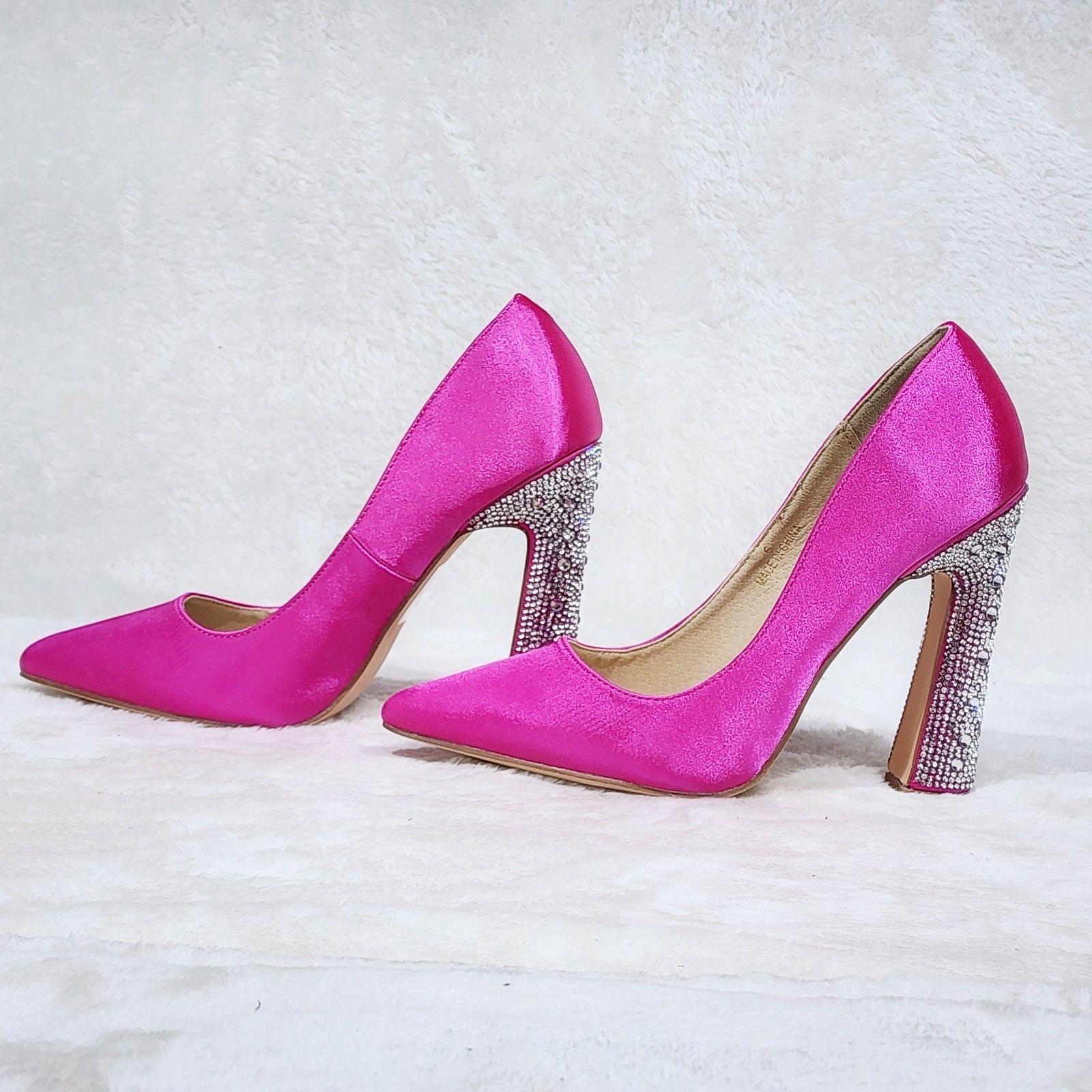 Other Fuchsia Pink Satin Pumps Rhinestone High Heel Party Shoes Size US 7.5 / IT 37.5 - 6 Thumbnail