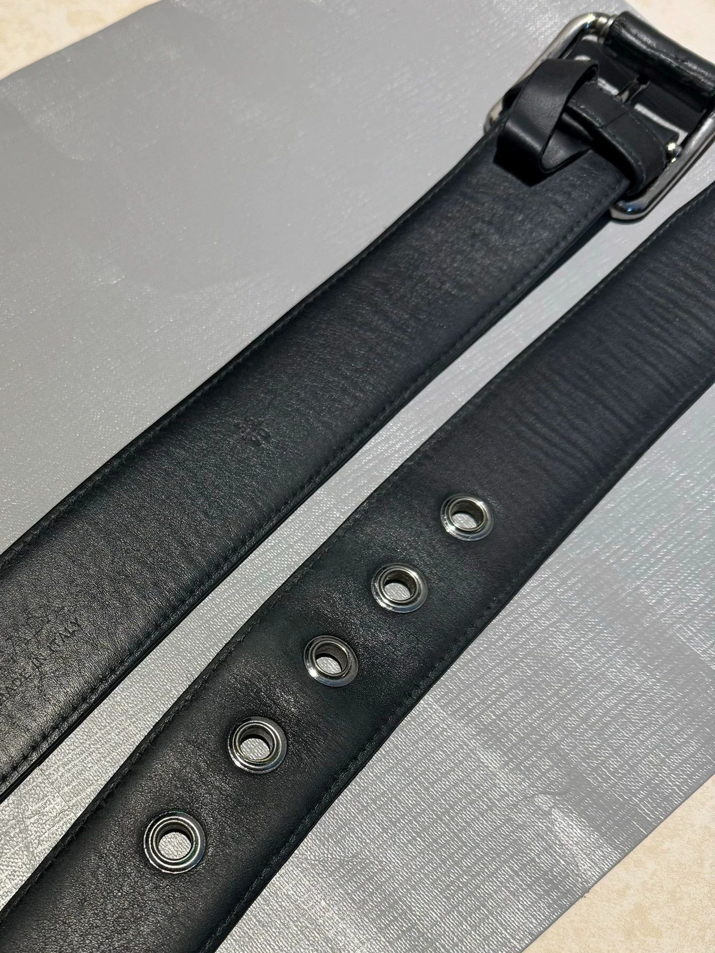 Prada Prada Square Buckle Rivet Biker Belt Black Waxed Leather 90 Size ONE SIZE - 3 Thumbnail
