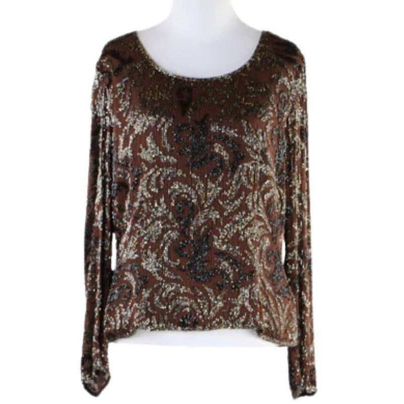 Frank Usher Sequin Top Brown Black Beaded Silk Blouse Medium