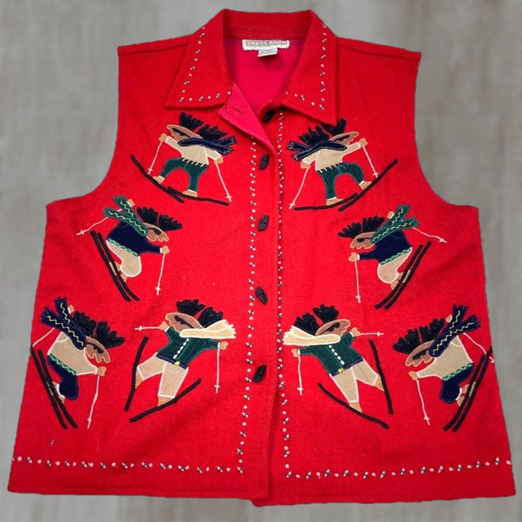 Vintage VINTAGE Christmas Vest Women Large Red Wool Acrylic Knit 90s Retro Cardigan Skiing Reindeer Logo Heavyweight Muscle Women Size L / US 10 / IT 46 - 1 Thumbnail
