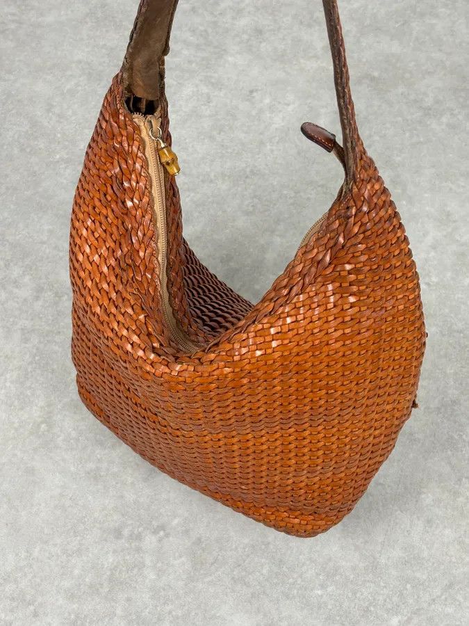Gucci SS2004 Gucci Cognac Woven Leather Bamboo Handle Hobo Bag by Tom Ford Size ONE SIZE - 11 Thumbnail