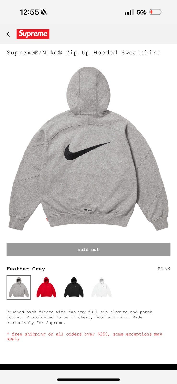 Nike × Supreme Supreme Nike S/S 2025 Grey zip up hooded sweatshirt 