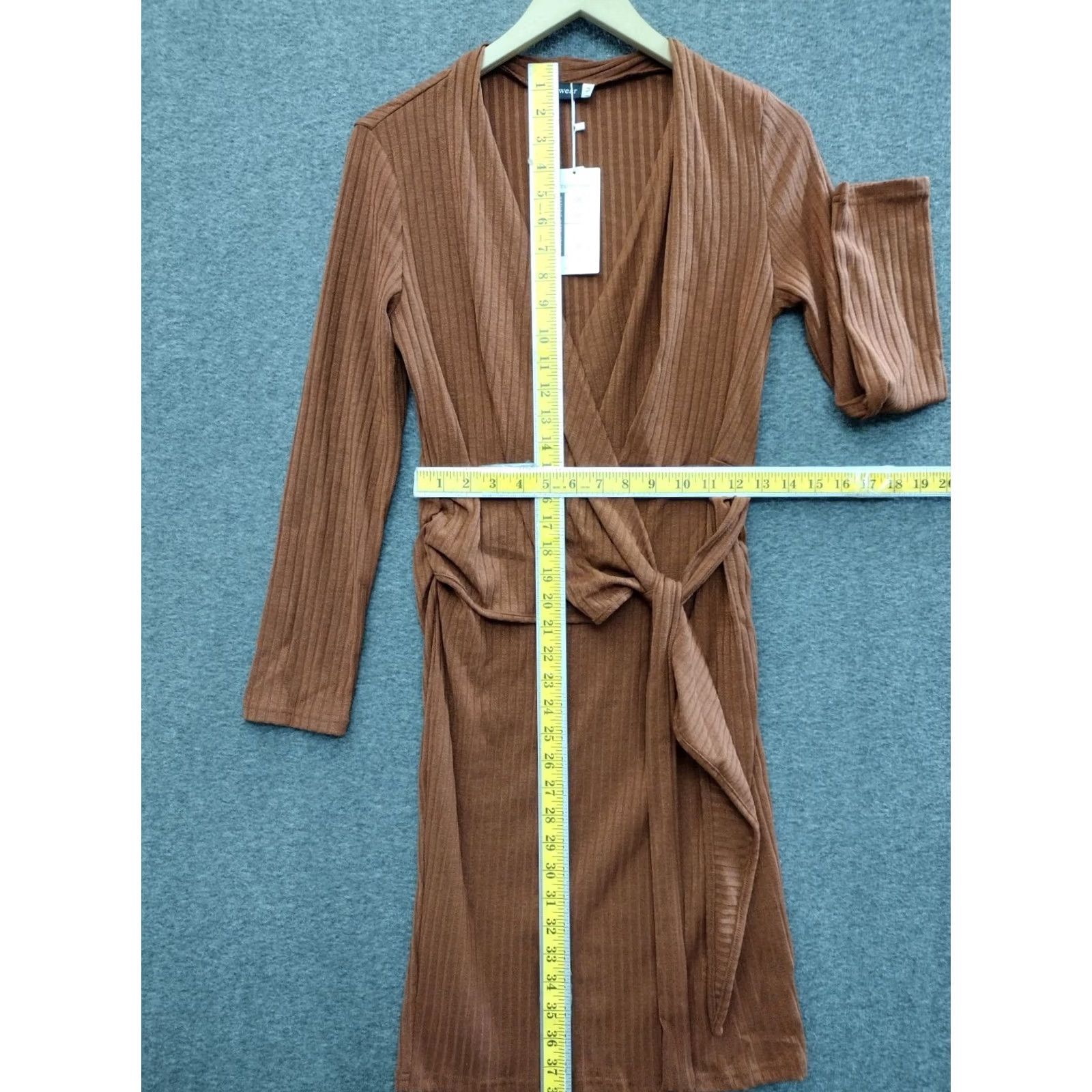 Vintage Prettywear Women's Ribbed Long Sleeve Mini Dress Light Brown Dress, V-Neck, Tie, Short, Blended Fabric, Casual, Party, M, Brown, Womens Size M / US 6-8 / IT 42-44 - 4 Thumbnail