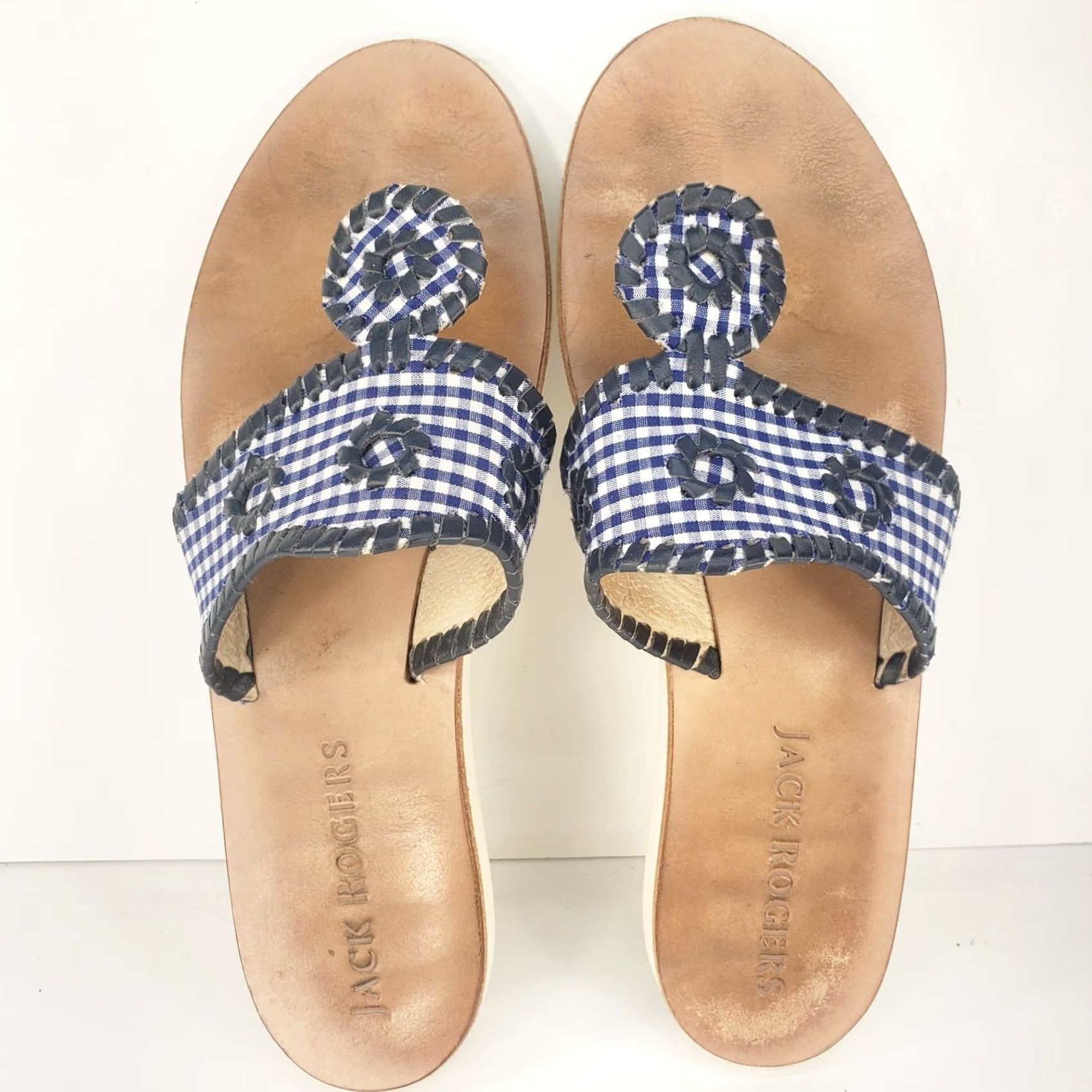 Jack Rogers JACK ROGERS Blue Gingham Check Whipstitch Fabric Slides Sandals 8M Womens Slip On Casual Size US 8 / IT 38 - 6 Thumbnail