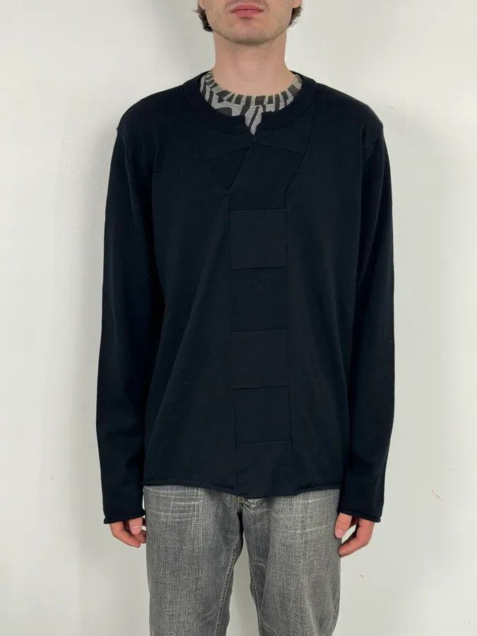 Emporio Armani 2000s Emporio Armani Black Patchwork V-Neck Wool Sweater Size US L / EU 52-54 / 3 - 1 Thumbnail