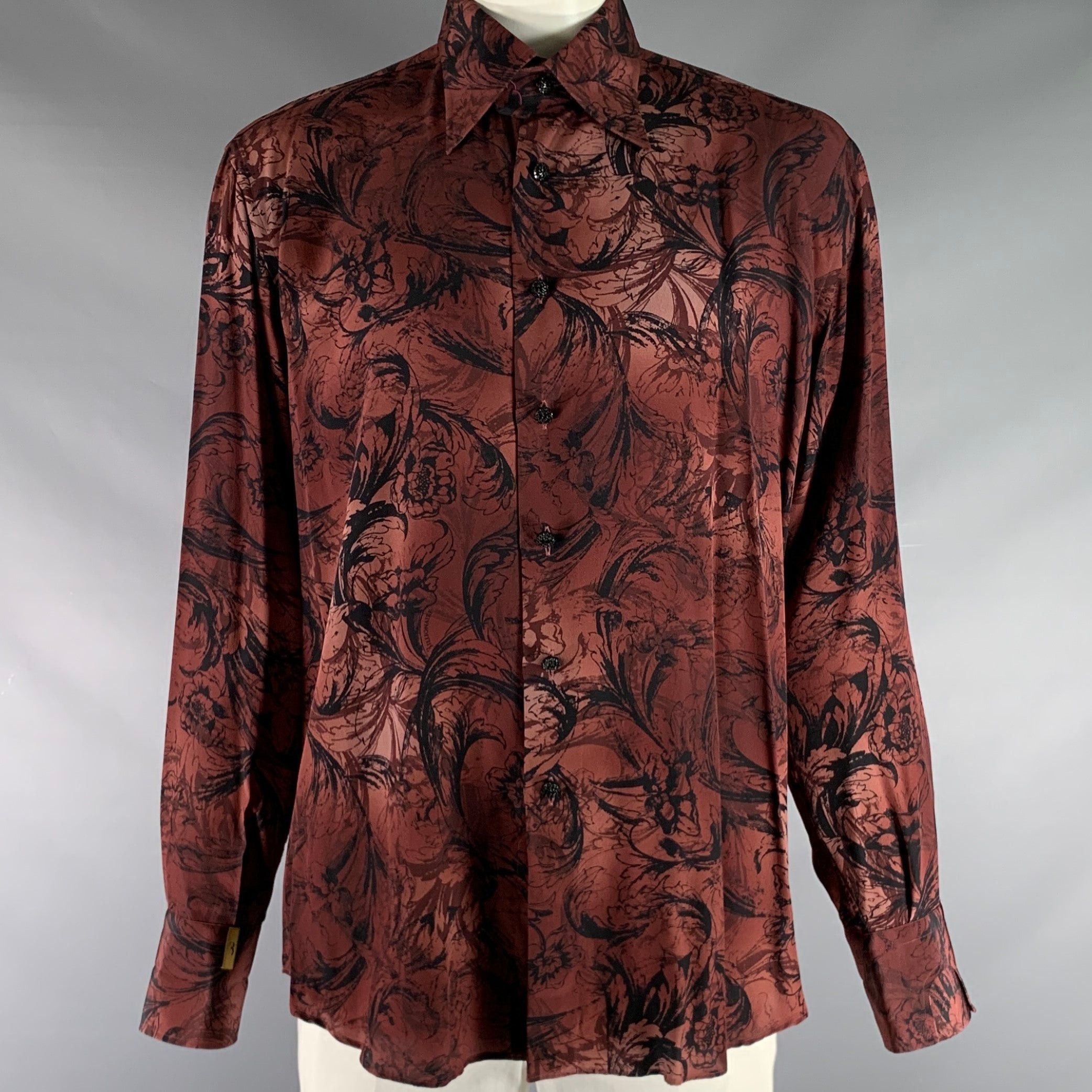 image of Billionaire Couture Brown Black Print Silk Button Up Long Sleeve Shirt, Men's (Size XL)