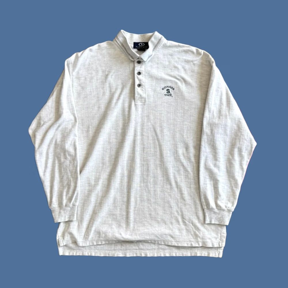 VINTAGE Michigan State University Polo Shirt Long Sleeve L Gray Mens 90s College Sports Chance/Travel Casual Workwear VS Vantage Size L