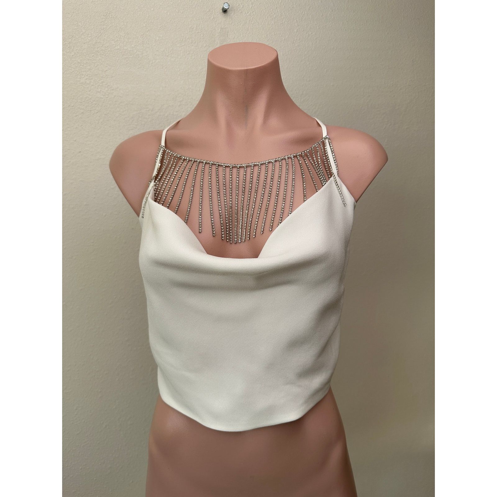 NICHOLAS Nicholas Rhinestone Fringe Cowl Neck Ivory Crop Top – M Size M / US 6-8 / IT 42-44 - 6 Thumbnail