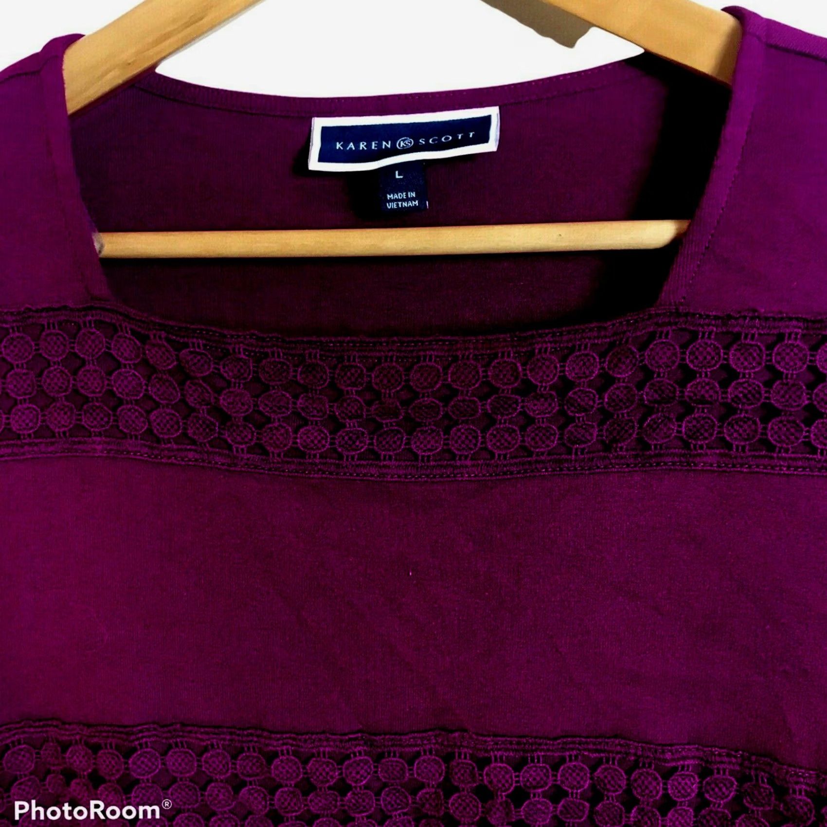 Vintage Karen Scott Top Womens L Square-Neck Lace-Stripe 3/4 Sleeve Cotton Purple Womens, L, Cotton, Karen Scott, Top, Casual Size L / US 10 / IT 46 - 3 Thumbnail