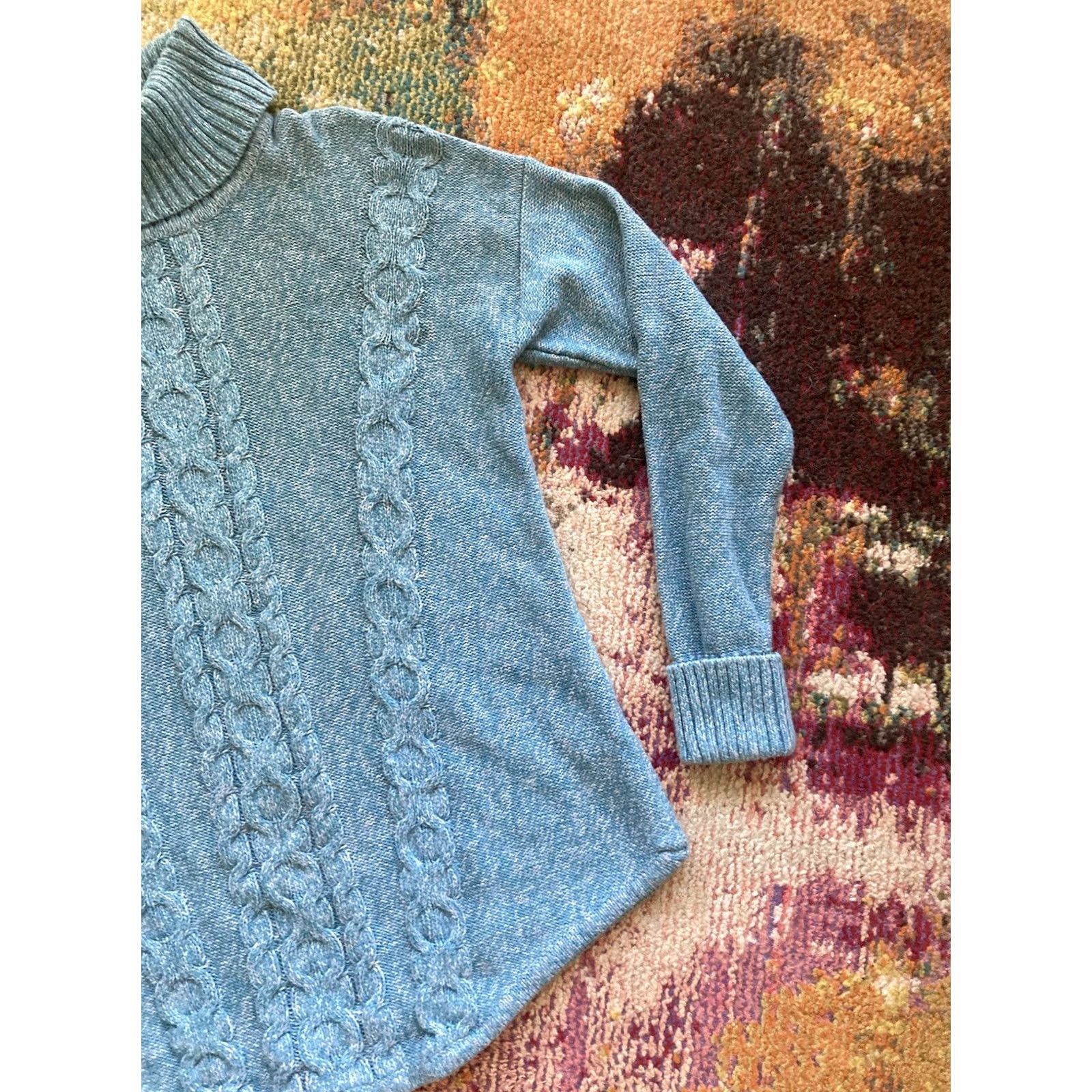 Vintage L.L. Bean Sweater Womens Large Turquoise Cotton Cable Knit Turtleneck Size L / US 10 / IT 46 - 3 Thumbnail