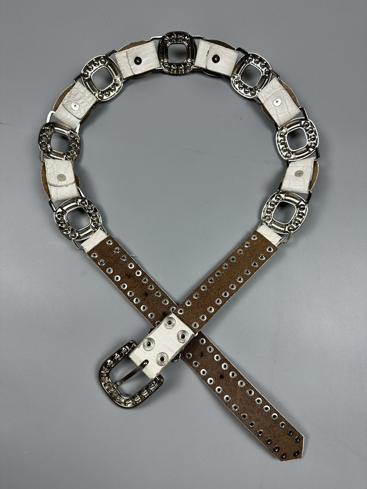If Six Was Nine Rare Chrome Hearts Inspired White Leather Diamond Studs Belt Size 34 - 10 Thumbnail