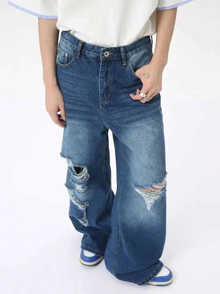 Japanese Brand Retro loose washed ripped jeans Size US 32 / EU 48 - 2 Thumbnail