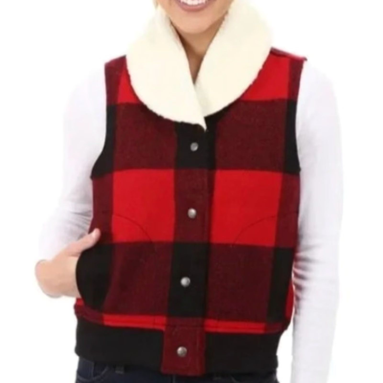 Vintage Woolrich Women's Giant Buffalo Vest Wool Blend Sz S Woolrich Giant Buffalo Vest Red Black Plaid Outdoor Pockets Vintage Womens Size S Vest Size S / US 4 / IT 40 - 2 Thumbnail