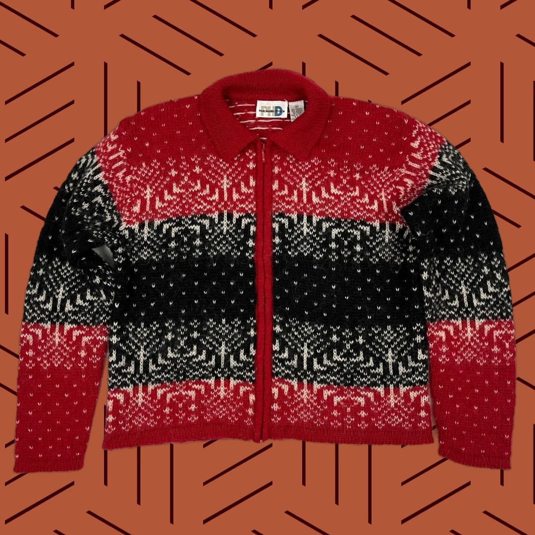 Vintage VINTAGE Paul Harris Cardigan Sweater Womens Medium Red Black Fair Isle Mohair Zip Crew Neck Knit Cardigan Size M / US 6-8 / IT 42-44 - 1 Thumbnail