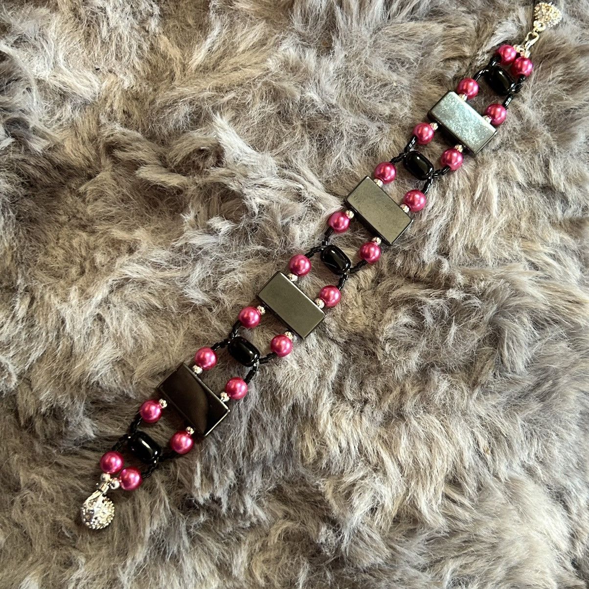 Handmade Handcrafted fuchsia pink Czech glass pearl hematite bracelet Size ONE SIZE - 8 Thumbnail