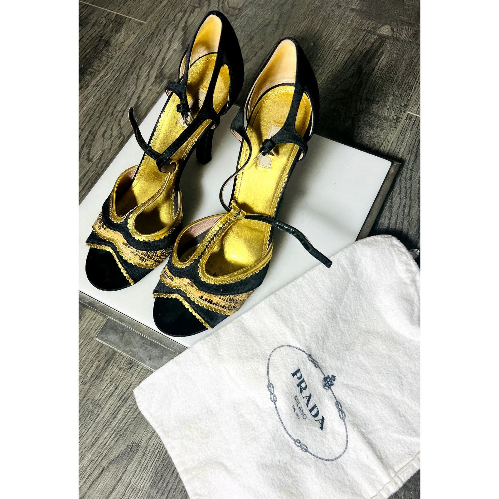 Prada Prada Sandals black satin gold python heels 40.5 10.5 Size US 10.5 / IT 40.5 - 10 Thumbnail