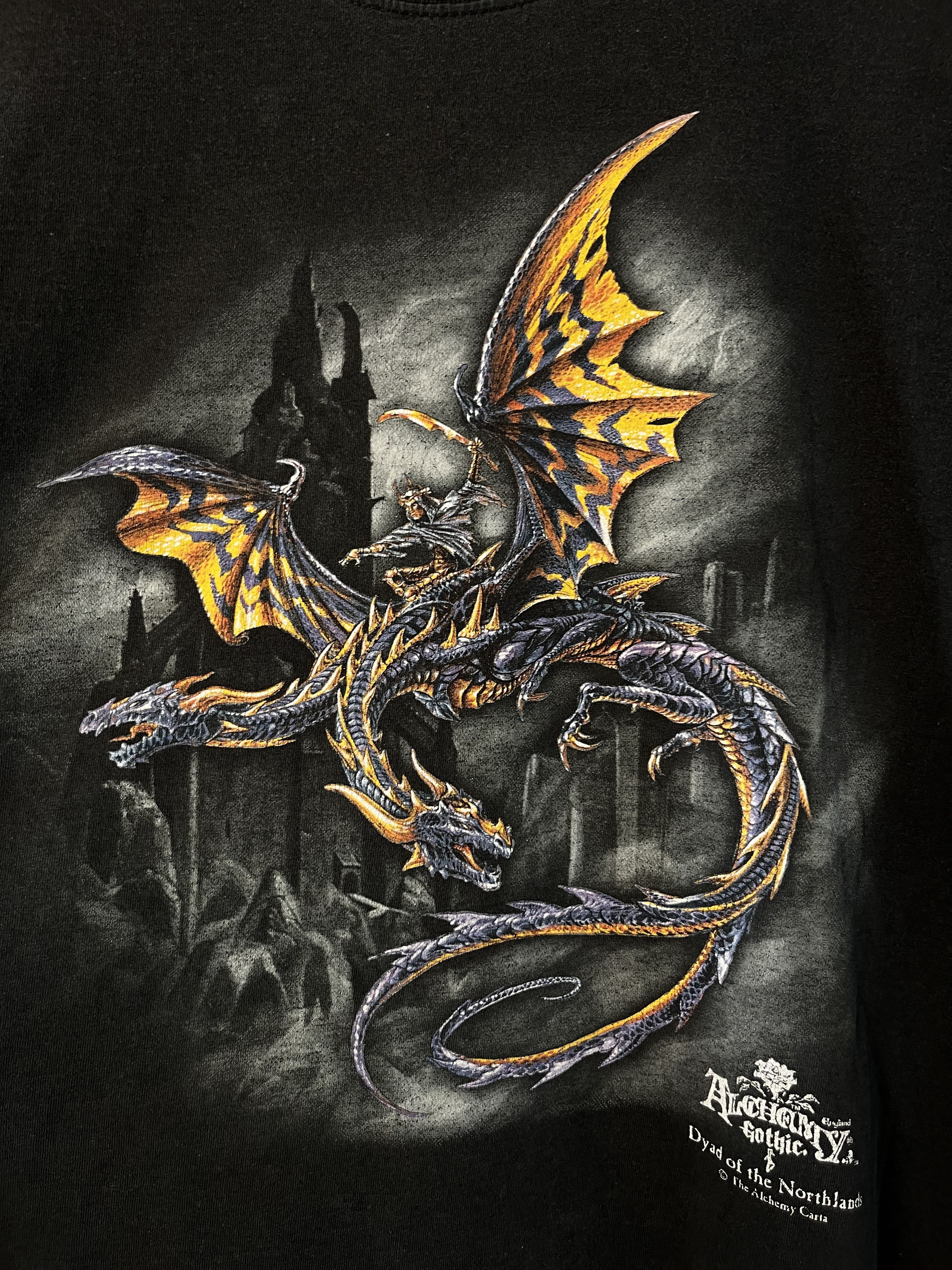 Vintage Dragon and Sword Skull Goth Distressed Washed RPG T Shirt Size US XL / EU 56 / 4 - 2 Thumbnail