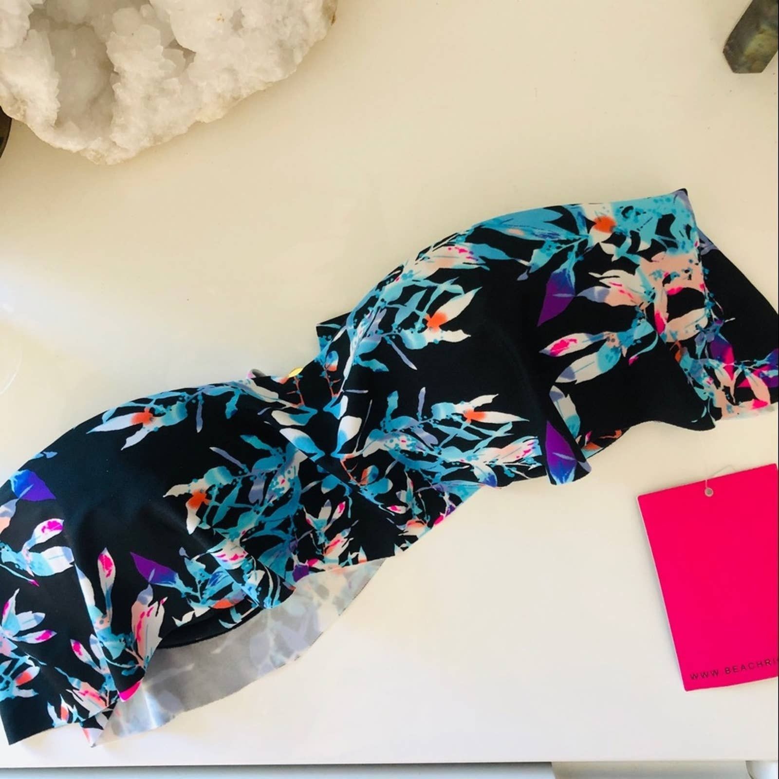 Beach Riot NEW BEACH RIOT Black White Blue Floral Bandeau Bikini Swim Size L / US 10 / IT 46 - 2 Thumbnail