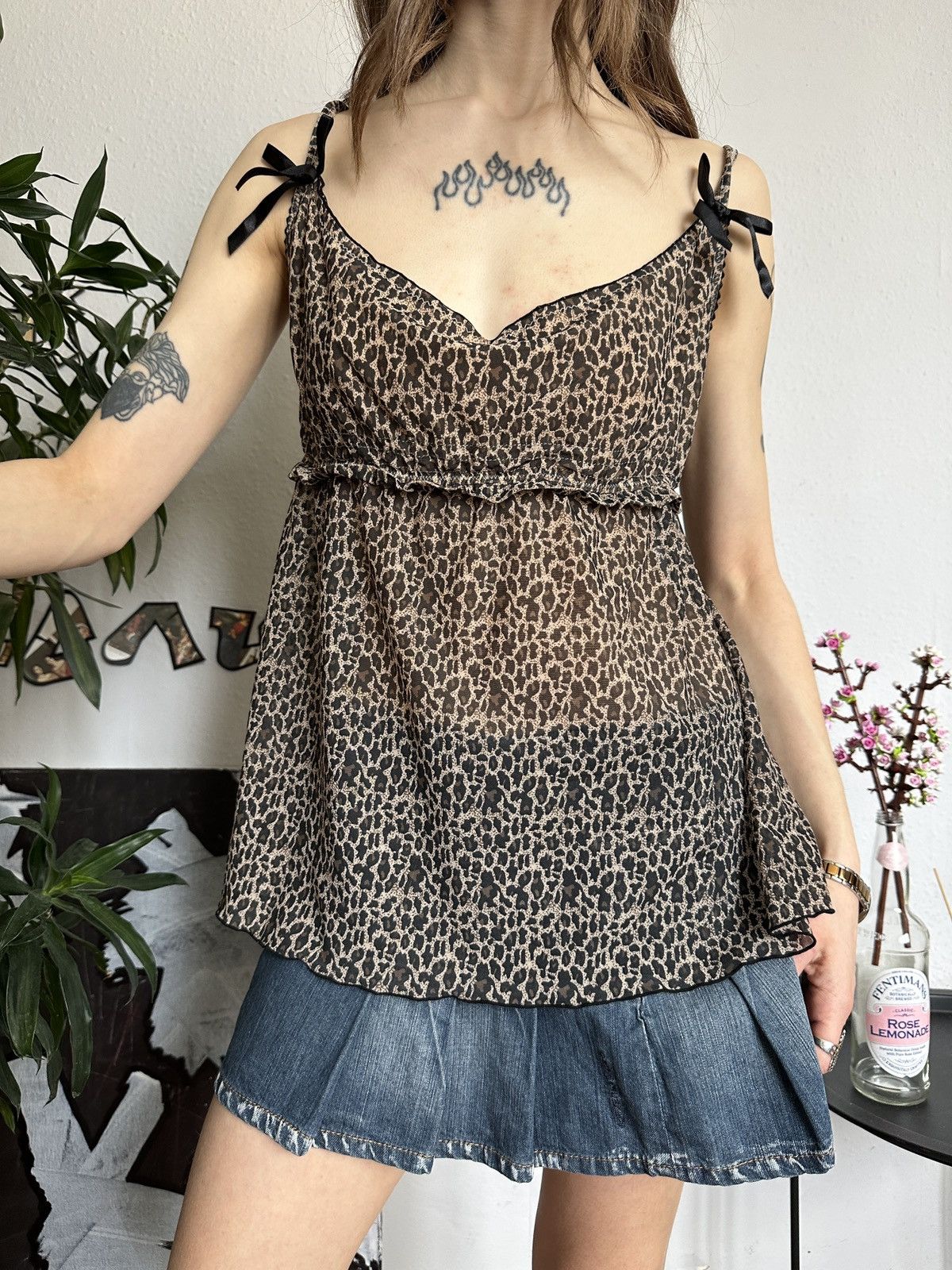 Designer × Vintage Leopard Y2K Vintage Cami Bow Sexy Top Size S / US 4 / IT 40 - 4 Thumbnail