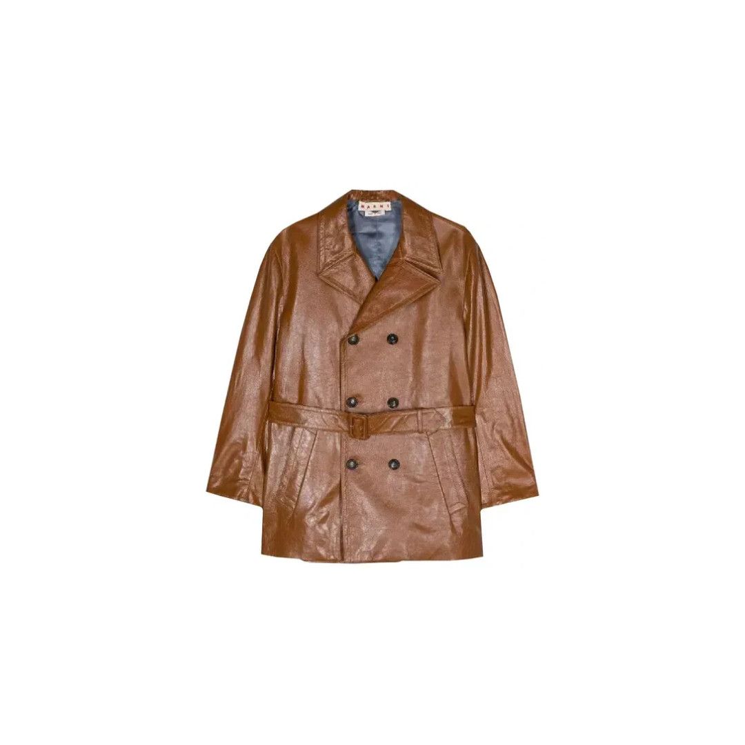 Marni o1f1d3z0725 Belted Double-Breasted Leather Coat in Brown Size S / US 4 / IT 40 - 1 Thumbnail